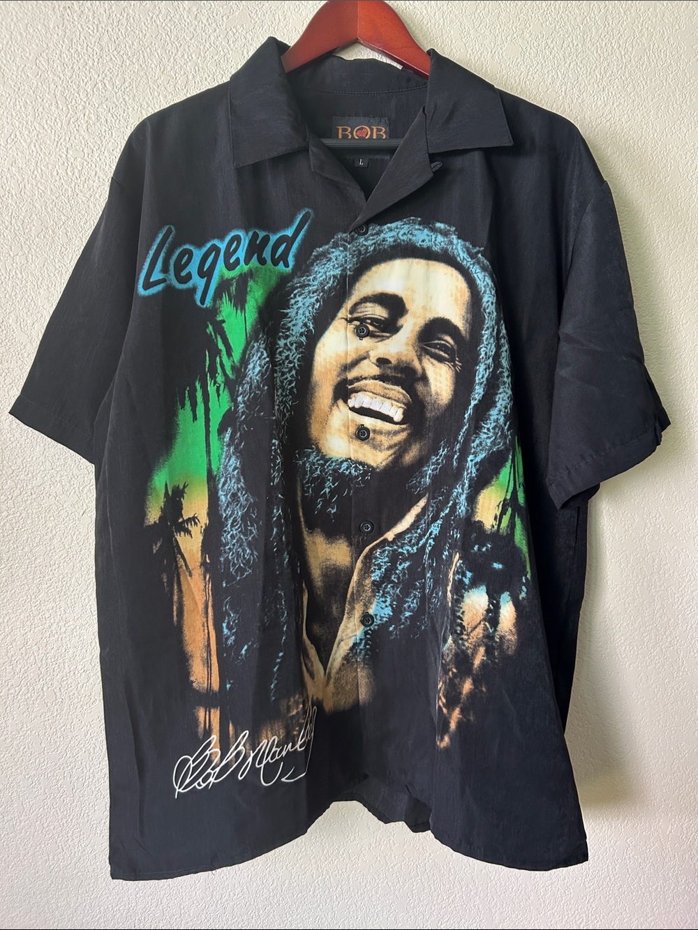 BOB MARLEY Black Graphic 'Legend' Short-Sleeve Button Shirt, Sz L